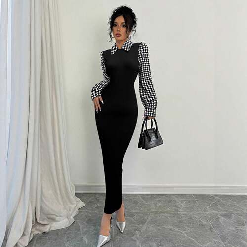 Elegant Womens Plaid Long Sleeve Dress Spring Fall Fashion