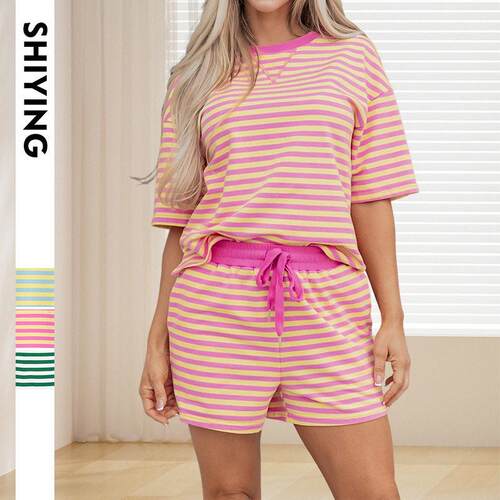 Women's Stripe Two Piece Set Drop Shoulder Casual T Shirt &