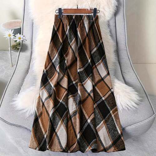 Women's Gingham Midi Skirt  Casual Loose-Fit Woven Fabric
