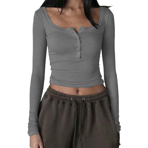 Women Knitted Henley Shirt Casual Solid Color Retro 12