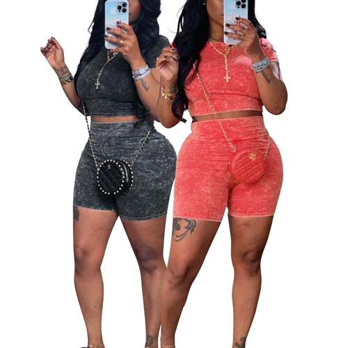 Two-Piece Set Women Summer Casual Red & Black Short Sleeve