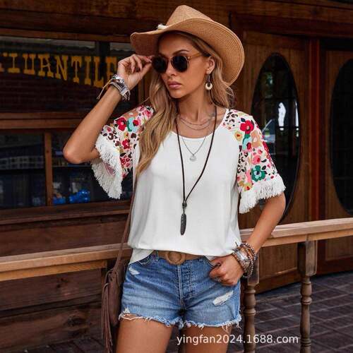 Women's Floral Print Fringe Trim Raglan Sleeve Tee Casual