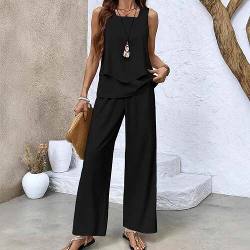 Two-piece women's red sleeveless double-layer top + wide-leg