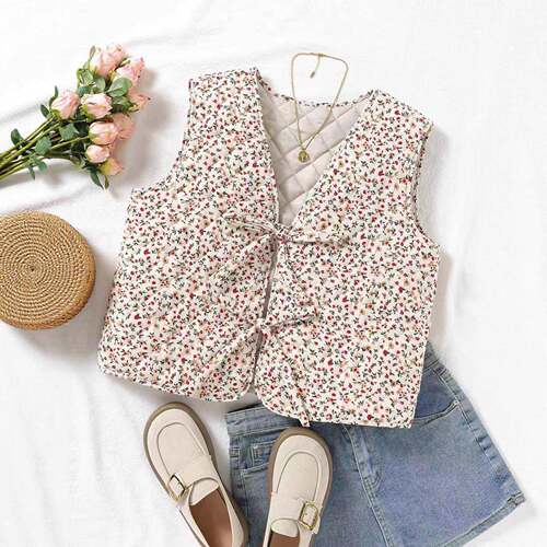 A women's floral bow tie-front cotton coat breathable
