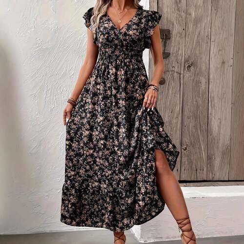 Cute Yellow Ditsy Floral Midi Dress Casual Fitted Ruffle Sve