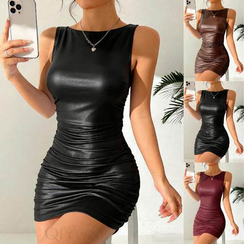 solid color slim-fit sleeveless pleated faux leather dress