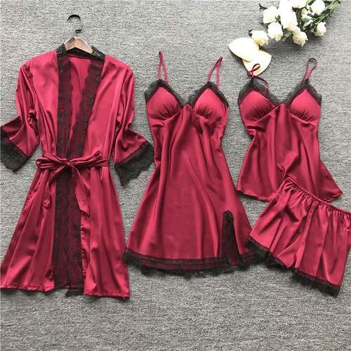 Lace Silk Pajamas Set Nightdress Sexy Lingerie Robe Women