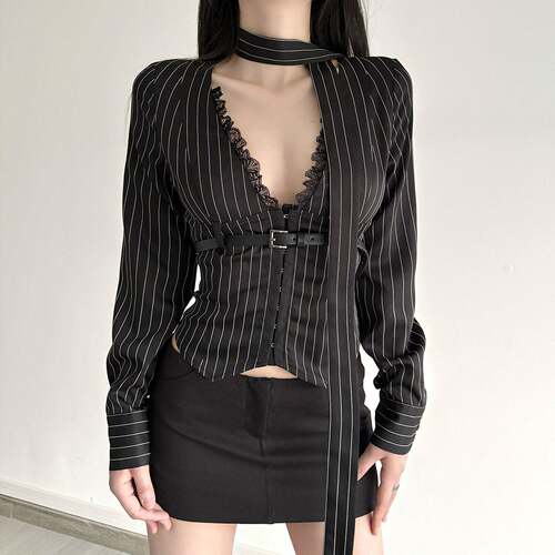 Womens Fall New Sexy Lace Patchwork Deep V Neck Shirt Blouse