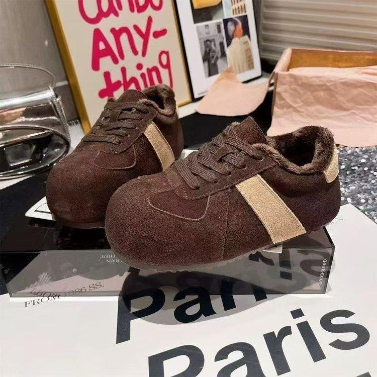 秋冬德训鞋女款圆头鞋子女2025新款加绒勃肯鞋复古休闲运动毛毛鞋