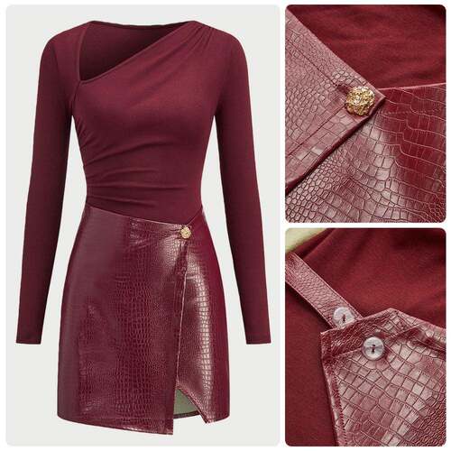 Women's Soft Leather Patchwork Casual Knit Long Sve Dress