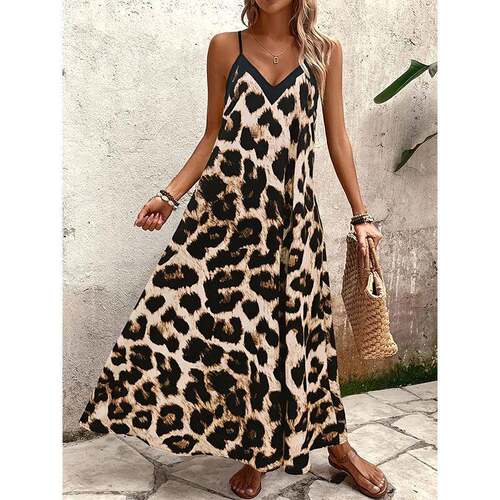 leopard print slip dress with V-neck sleeveless maxi and