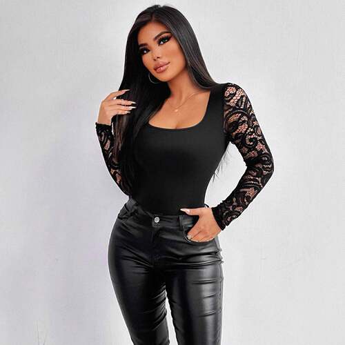A black women's elegant square leader part lace design slim