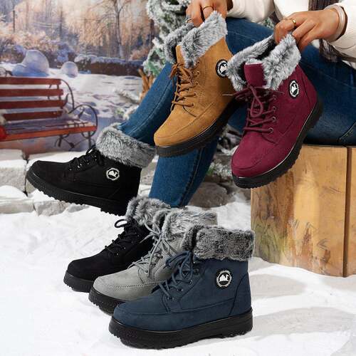 Women's Snow Boots Ankle Boots Fur Lined Side Zipper Solid