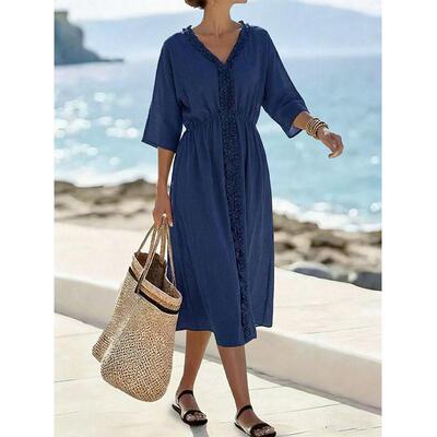 Deep Blue V-Neck Dress  French Vintage Style  Summer Beach