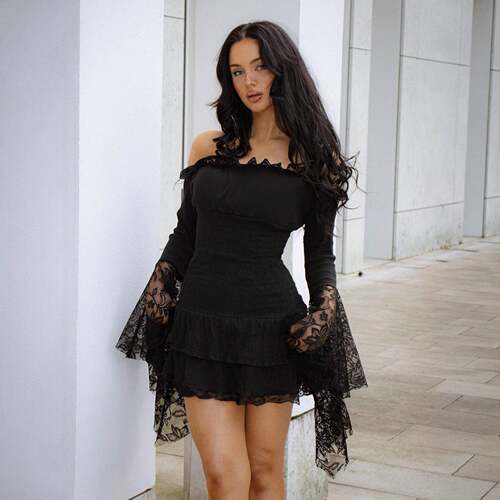 Gothic dark off shoulder lace dress slim irregular long