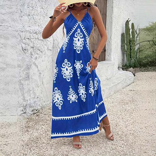 Vacation Casual Spaghetti Strap Split Dress With Random