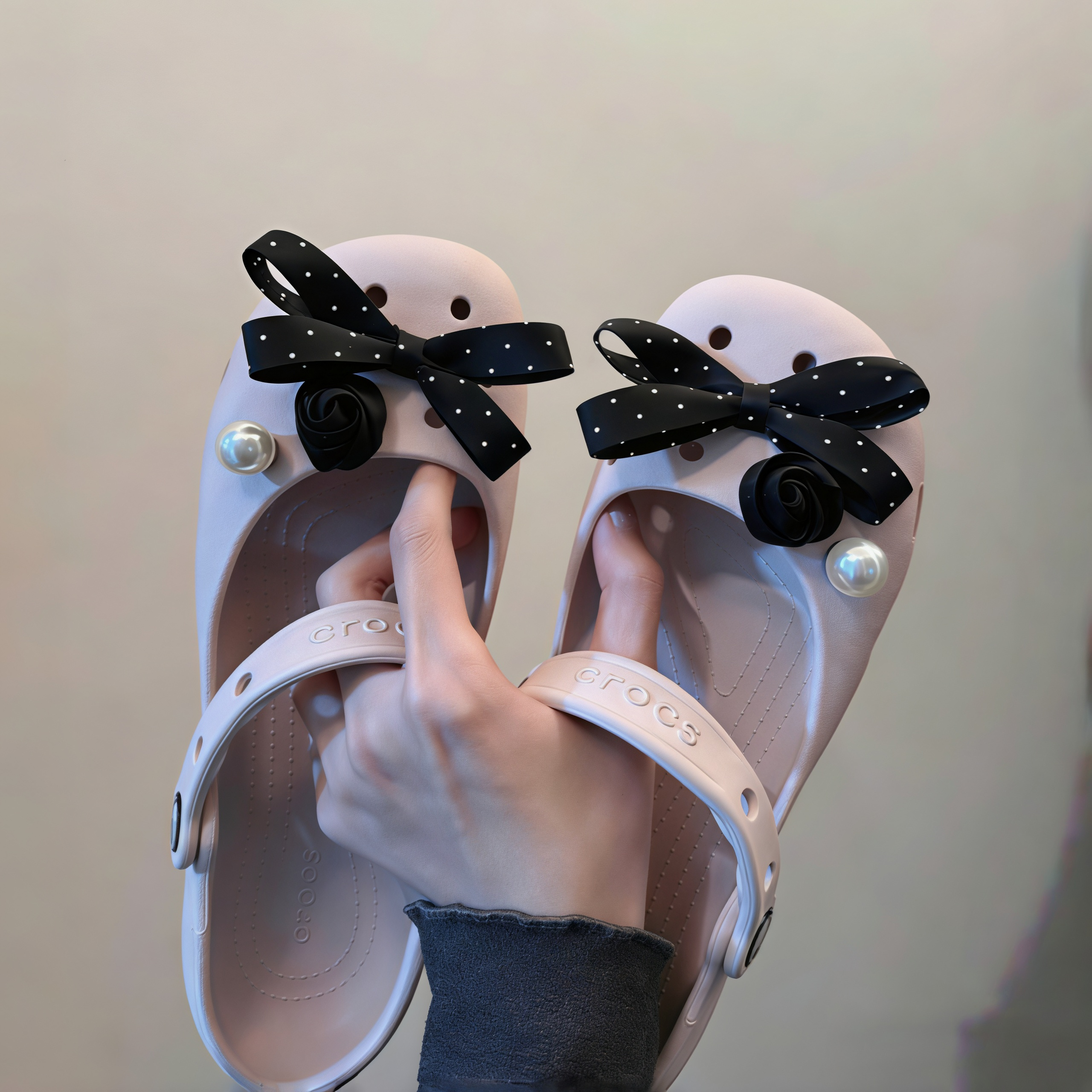 粉芭蕾赫本风芭蕾舞鞋鞋花洞洞鞋可爱女生装饰配饰适配crocs卡扣