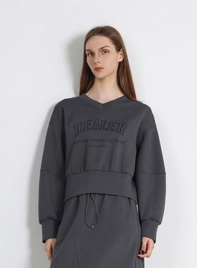 Jane express/简表达25年春季新款卫衣灰色V领女长袖士 CWY5004