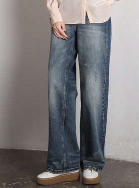 Jane express/简表达24春简约舒适通勤显瘦阔腿牛仔裤女CKZ42005