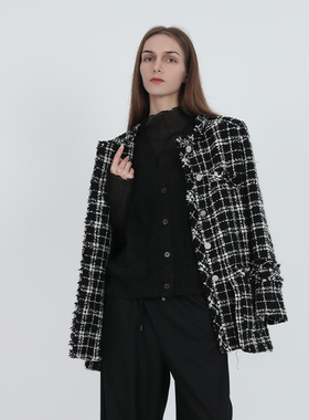 Jane express/简表达24年秋季新款黑白格纹小香风外套QWT41002