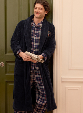 Lexington假日法兰绒蓝色格纹家居套装男士纯棉长袖长裤家居服