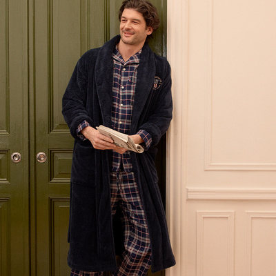 Lexington假日法兰绒蓝色格纹家居套装男士纯棉长袖长裤家居服