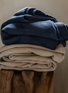 Lexington棉/黏胶沙色提花格纹床盖蓝色提花格纹床单防尘家用床品