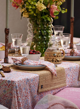 Lexington棉珊瑚粉印花桌布有机棉沙白罗纹餐台布纯棉粉印花餐巾