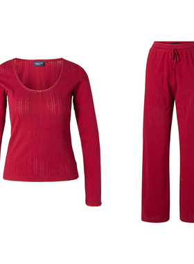 Lexington假日棉红色针织睡衣套装女士纯棉长袖长裤家居服可外穿