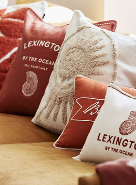 Lexington棉麻椰壳色刺绣靠垫办公室棉麻白色标志刺绣腰枕抱枕