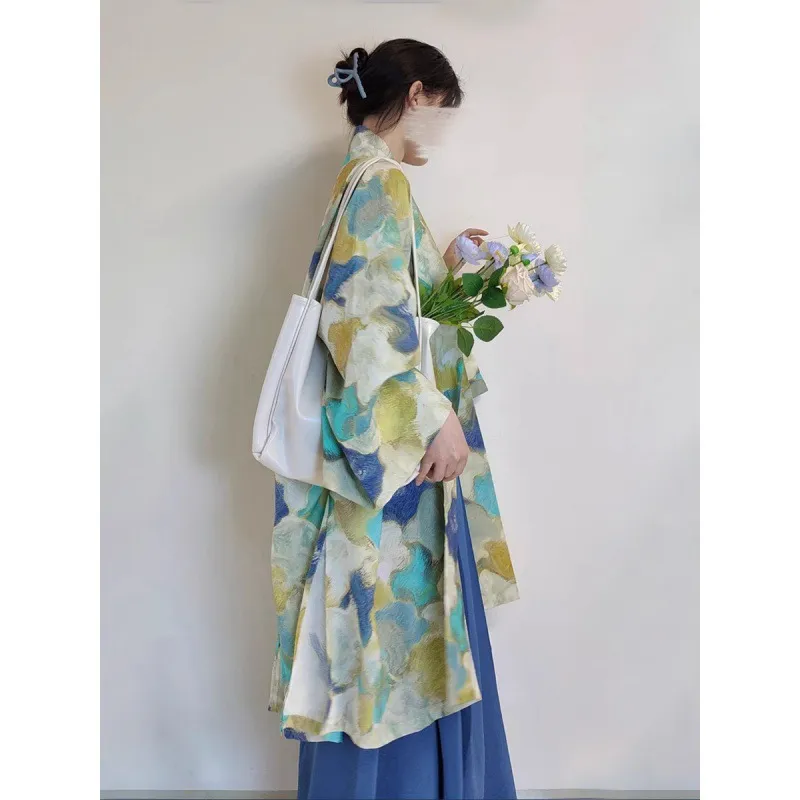2025春秋复古国风汉服改良宽松大码女装印花对襟宽袖披肩长衫上衣