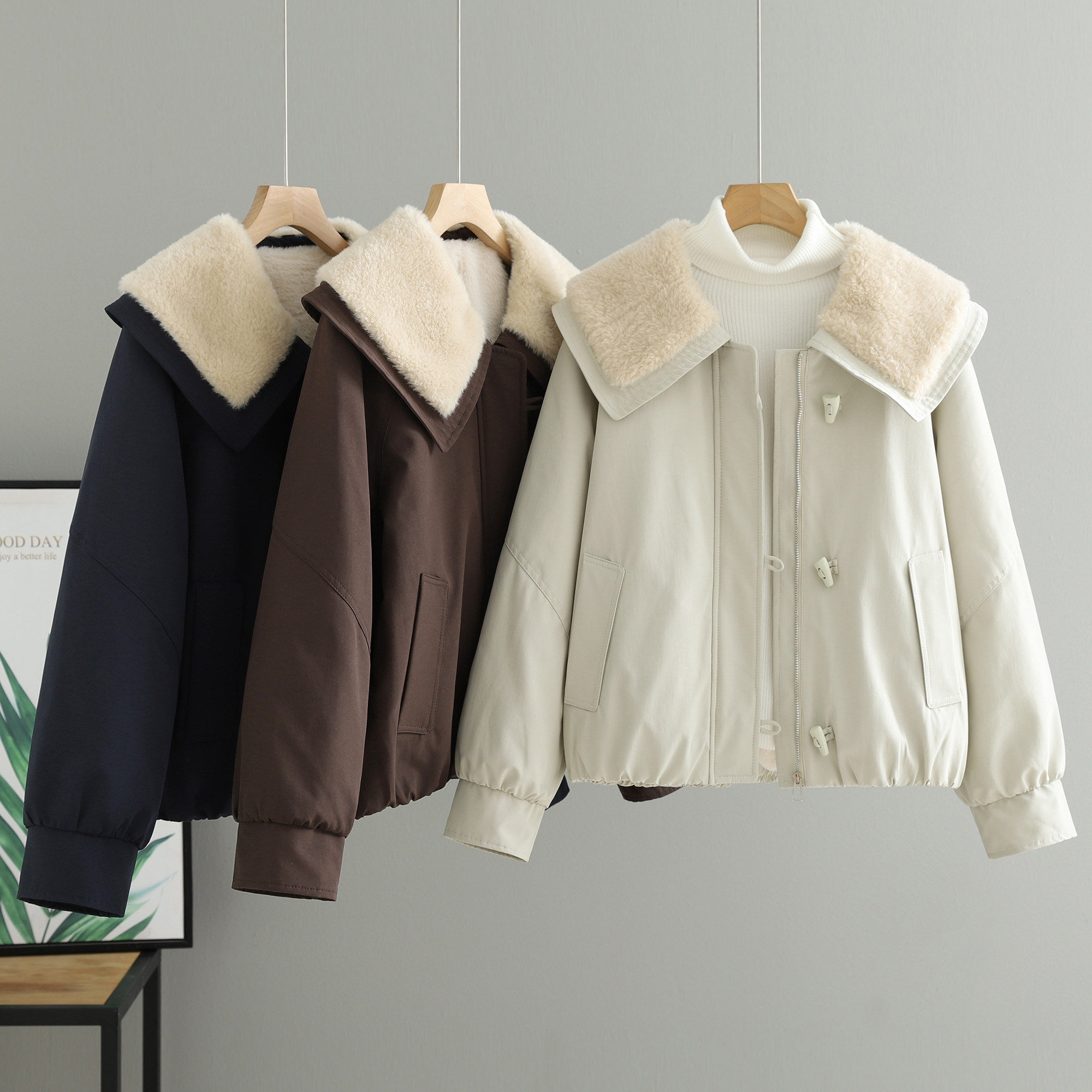 短款双层领羊羔毛拼接棉衣女冬季新款韩版加绒加厚牛角扣棉服外套,个性定制/设计服务/DIY,棉服工装,淘宝优惠券,粉丝福利购,淘宝优惠卷