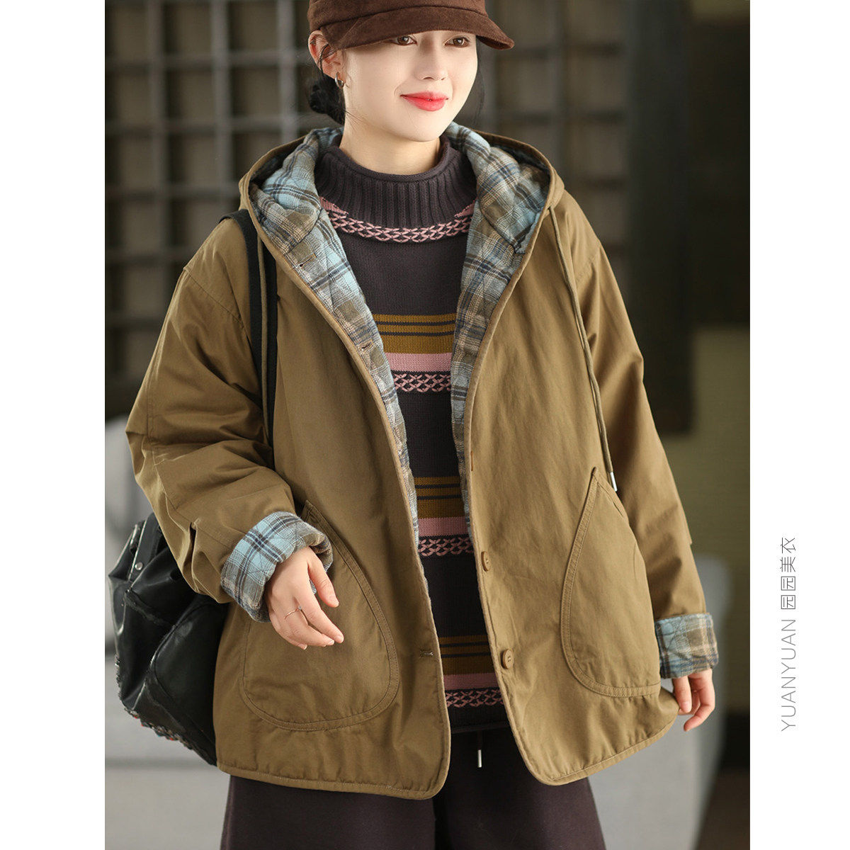 园园美衣冬季复古100%棉夹棉外套女内里格纹加厚两面棉袄保暖棉衣,个性定制/设计服务/DIY,棉服工装,淘宝优惠券,粉丝福利购,淘宝优惠卷