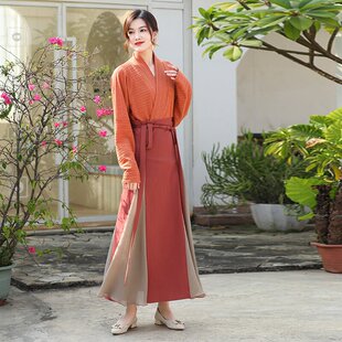 春秋新中式古典汉元素毛线针织衫飞机袖日常汉服上衣三裥裙女套装