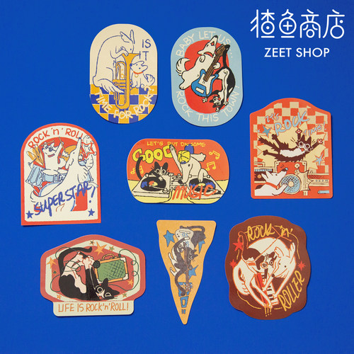 猹鱼商店 ＜Rock!＞摇滚猫狗行李箱手帐贴纸奶牛猫狗乐器吉他贝斯