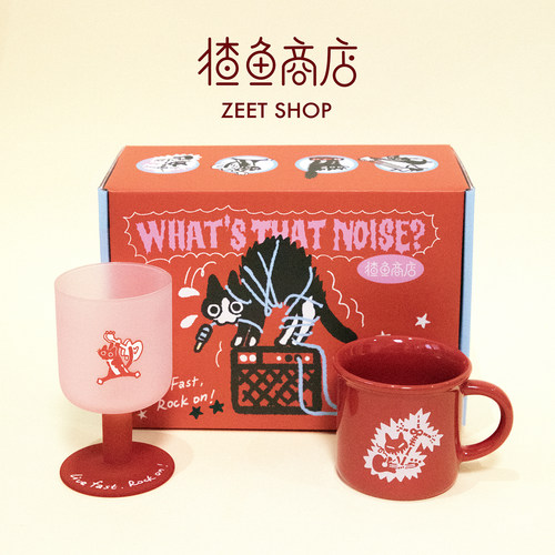 猹鱼商店 ROCK ON!原创红色玻璃陶瓷马克杯 猫咪摇滚乐队套装礼物