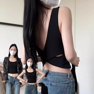 外穿设计感上衣 新款 美式 辣妹交叉美背吊带背心女内搭带胸垫夏季