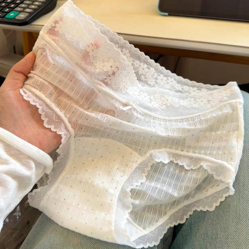 软呼呼薄纱内内~纯棉加长底裆夏季轻薄透气内裤女蕾丝中腰三角裤