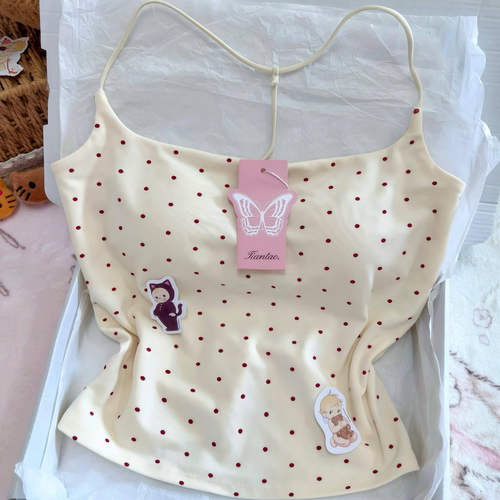 纯欲风辣妹波点吊带背心少女内搭带胸垫夏季上衣细肩带工字美背女