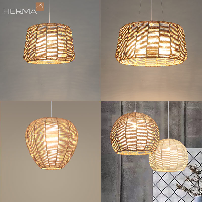 文艺圆形藤艺灯日式田园阳台玄关卧室简约个性麻绳条编织餐厅吊灯