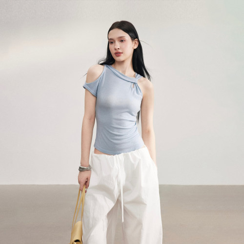 Matin Gris【6/15 00:00 新品】雾蓝色不规则修身设计感褶皱T恤