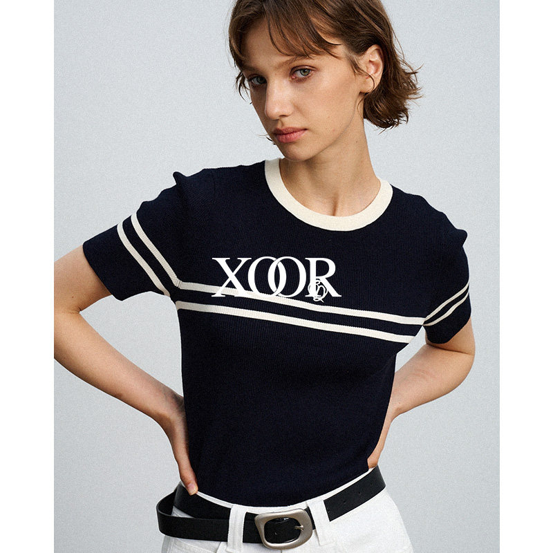 XOOR撞色条纹亲肤舒适小衫女