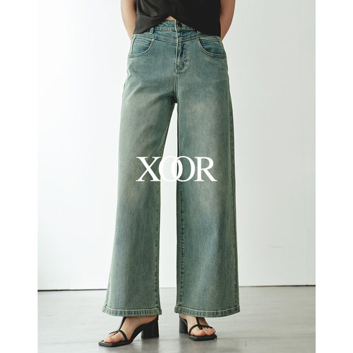 XOOR全棉水洗做旧显瘦阔腿牛仔裤