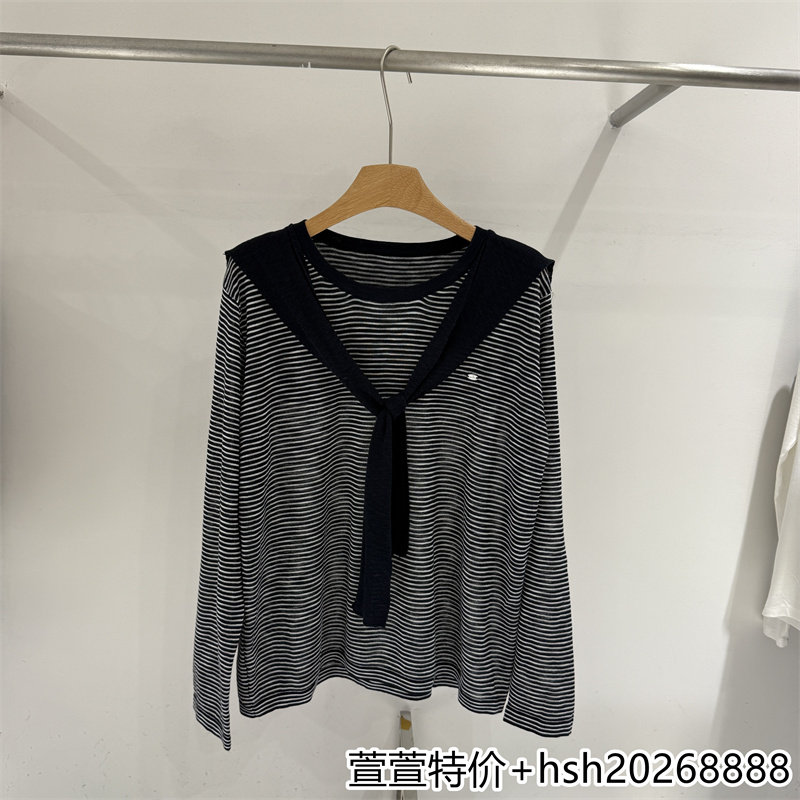 欧洲站2026早秋新款时尚百度圆领宽松条纹上衣柔软带披肩长袖T恤