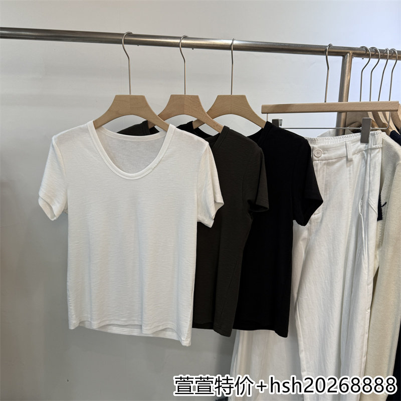 欧洲站2026早秋新款休闲百搭低圆领宽松纯色柔软短袖套头T恤上衣