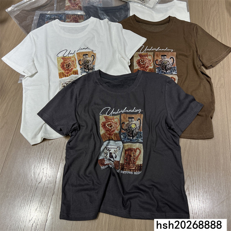 欧洲站2026夏季新款圆领短袖茶杯字母印花T恤女百搭显瘦减龄上衣