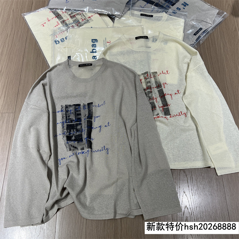 欧洲站2026春季新款复古字母印花圆领长袖T恤宽松舒适打底衫上衣