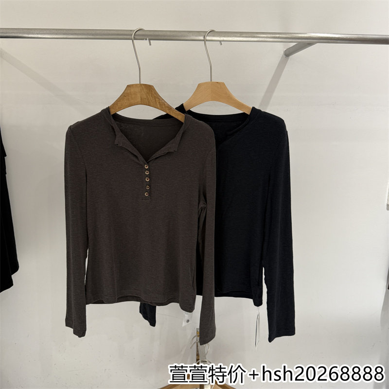 欧洲站2026早秋新款纯色百搭半开领纯色显瘦长袖柔软套头T恤上衣