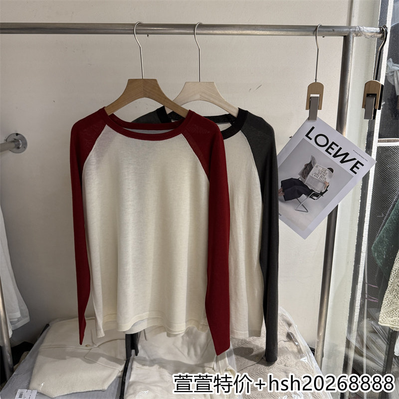 欧洲站2026早秋新款拼色插肩袖柔软圆领宽松显瘦套头上衣通勤T恤