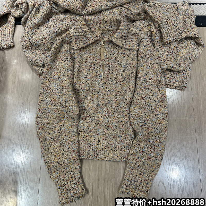 欧洲站2026冬季新款时尚百搭Polo领宽松杂花显瘦套头数针织毛衣女
